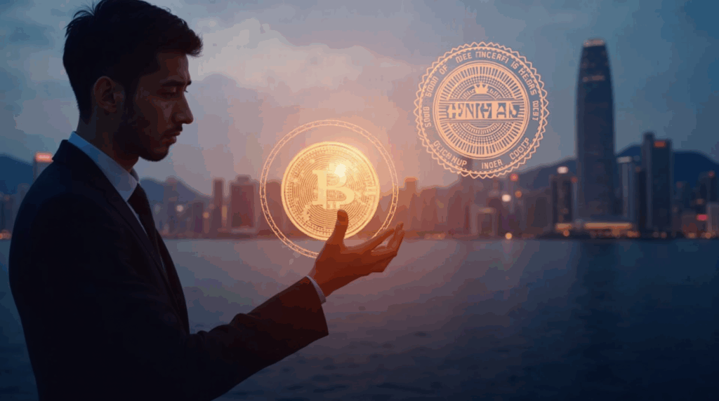 Executive in front of a stablecoin hologram and HKMA seal over the Hong Kong skyline at sunset