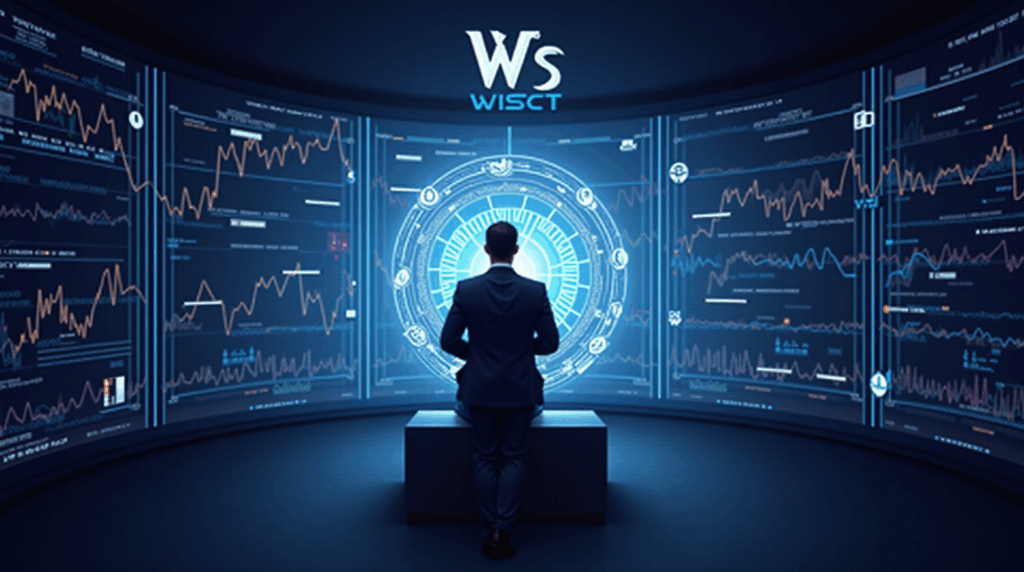 Human trader facing AI hologram, surrounded by cryptocurrency graphs and the WSCT emblem in Dubai