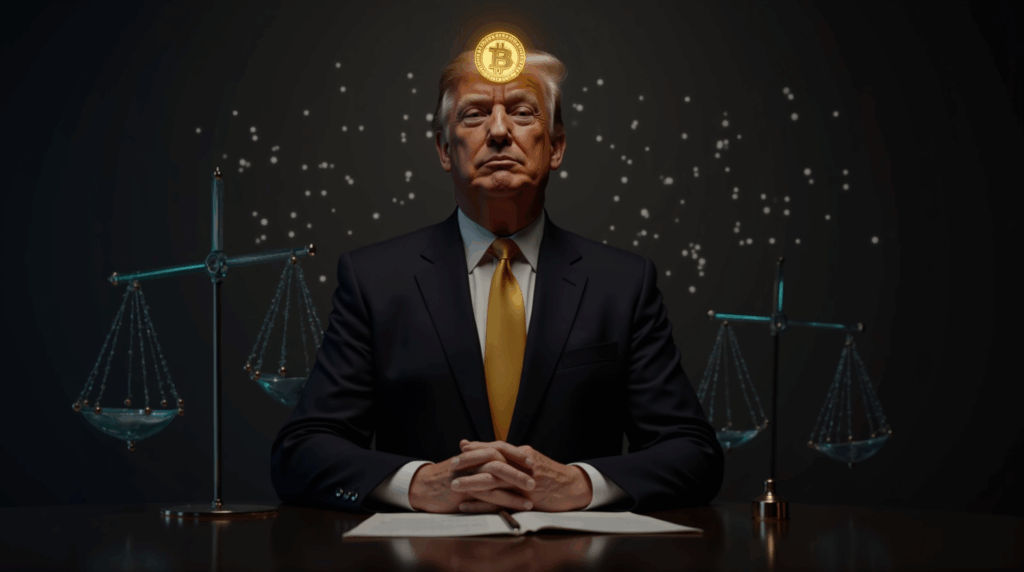 Crypto magnate Justin Sun in a suit in front of a desk, shiny memecoin TRUMP and translucent regulatory scales.