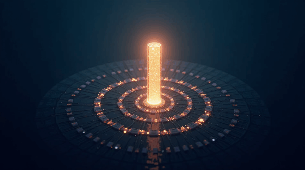 Central Layer-1 pillar illuminated in a city, connecting banks and developers with light between chains; shards orbit.