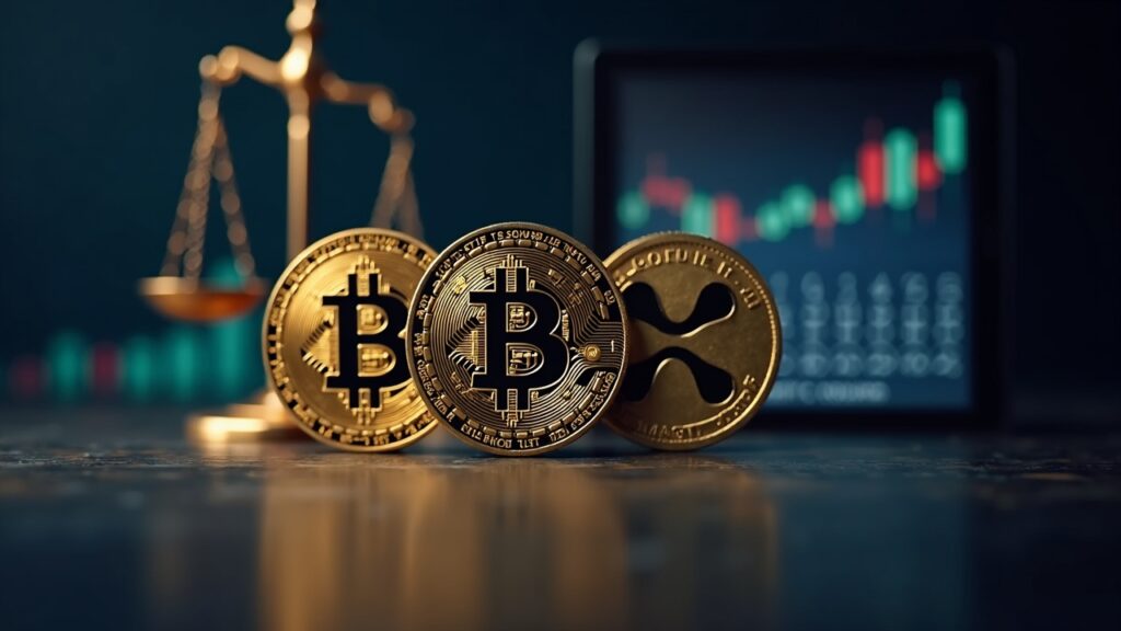 LTC, SOL and XRP coins with upward-trending charts and an October calendar, with the SEC scales in the background.
