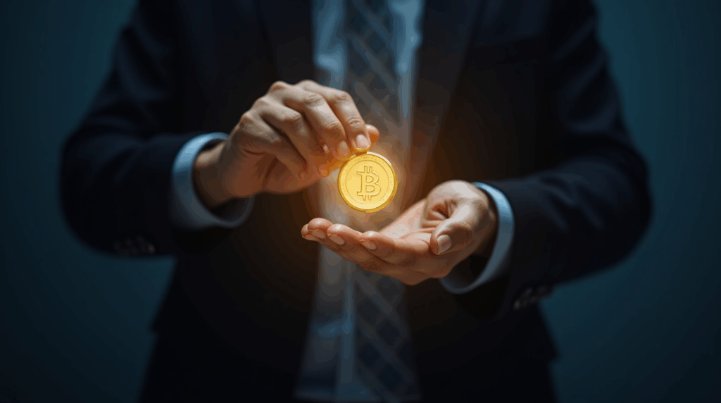 Executive exchanges a shiny WON coin for a fintech interface, symbolizing a stock swap and stablecoin.