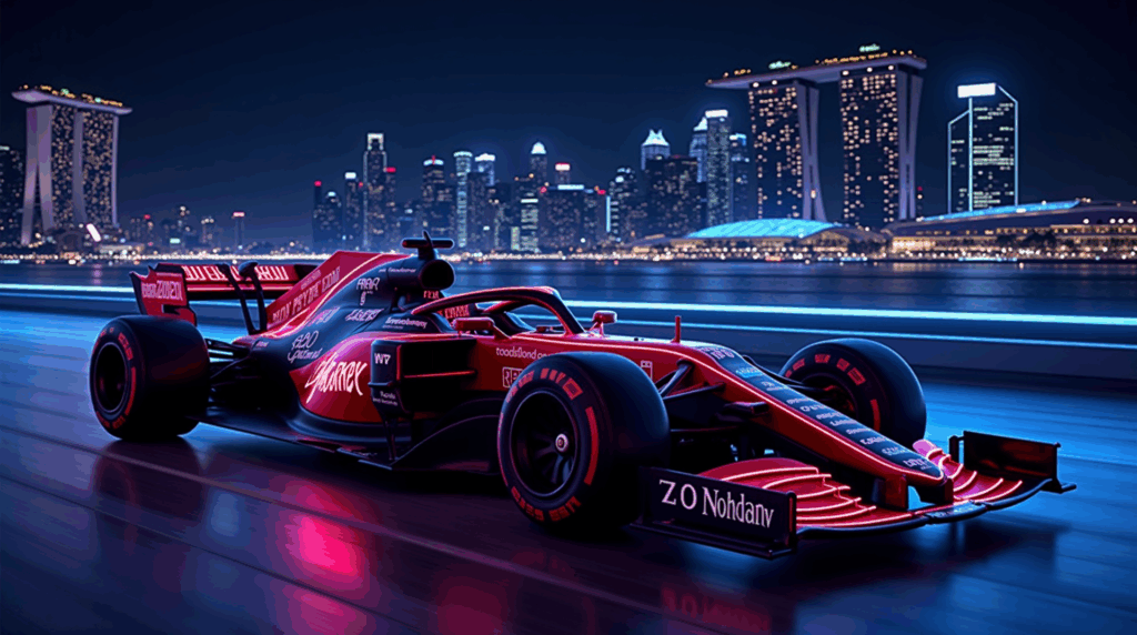 Haas F1 car with Zoomex livery at TOKEN2049 expo, neon Web3 demos and NFT badges hovering over the Singapore skyline.