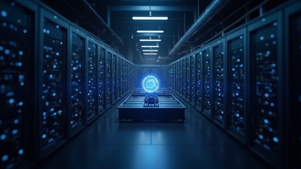 Photorealistic data center with GPU and CPU connected by NVLink, AI dataflows and decentralized crypto networks.