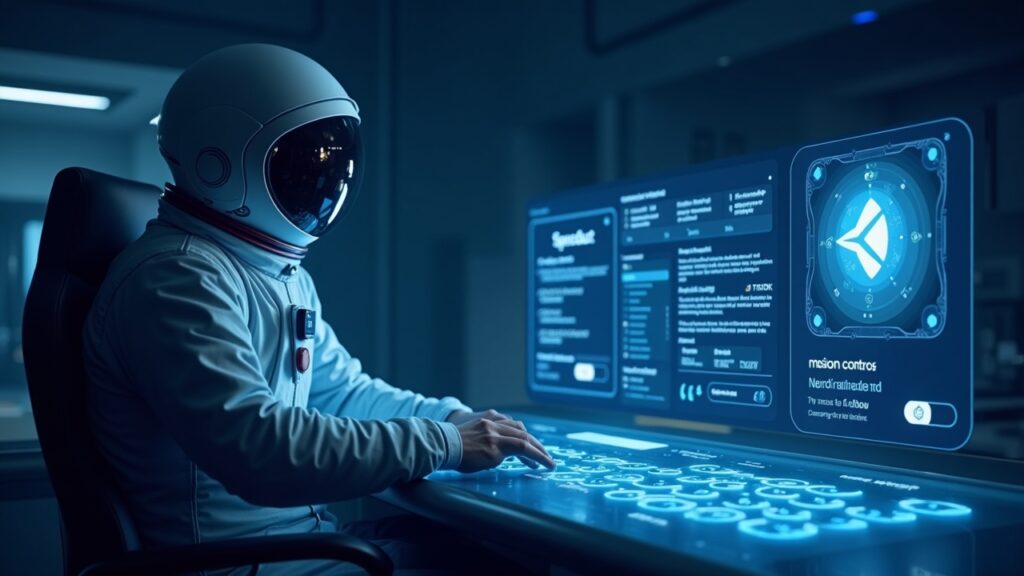 Astronaut in front of a control console with SpaceDust holograms and TON icons, Telegram Mission Control UI for on-chain voting.