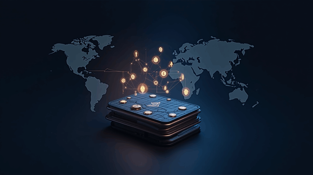 Photorealistic cover: crypto wallet with icons of tokenized stocks turning into blockchain tokens.