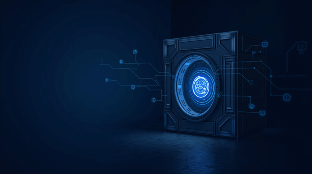 CryptoPunk NFT in a glass vault with a glowing SEA token symbol against a blue newsroom backdrop.
