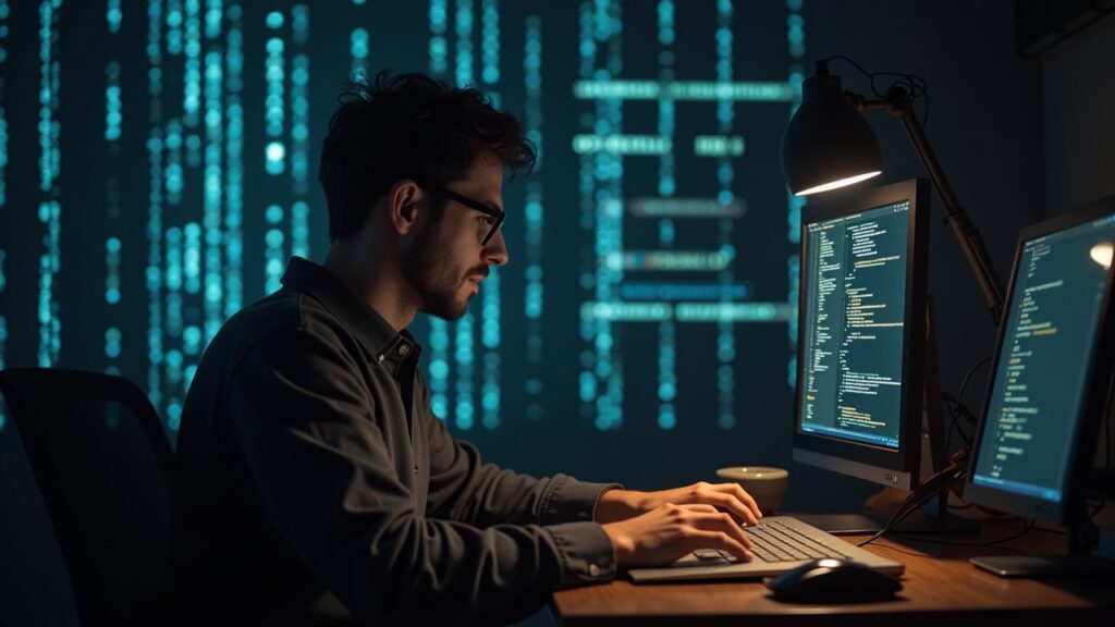 Bitcoin Core developer at a desktop, OP_RETURN flows illuminated, clash between data freedom and network efficiency.