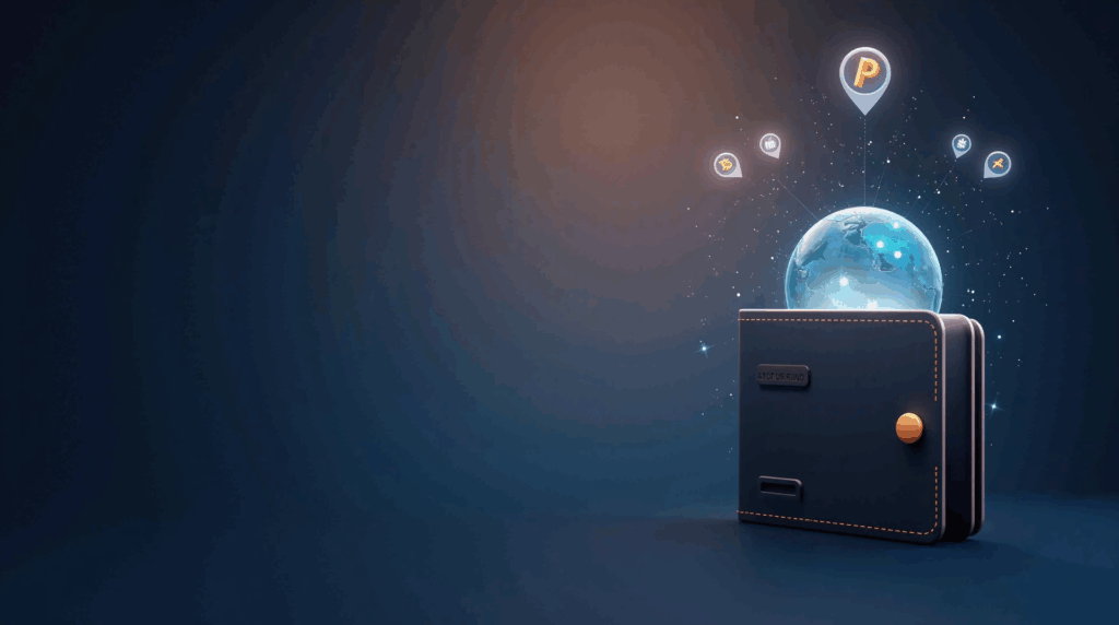 Modern digital wallet with crypto icons flowing toward a globe, PayPal branding and international payments.