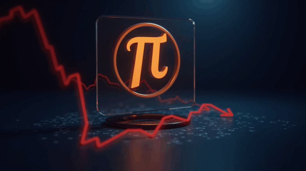 Pi Coin logo over a glass price chart, with an open trapdoor and red arrows pointing to the drop.