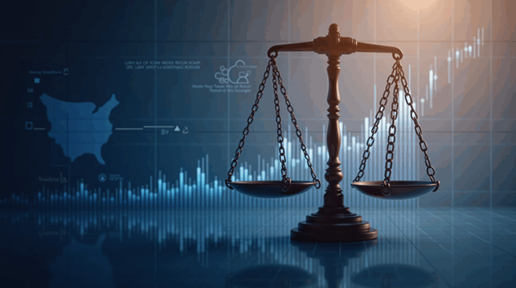 Regulatory balance over a digital prediction market screen, silhouette of the U.S. and QCX-Polymarket branding.