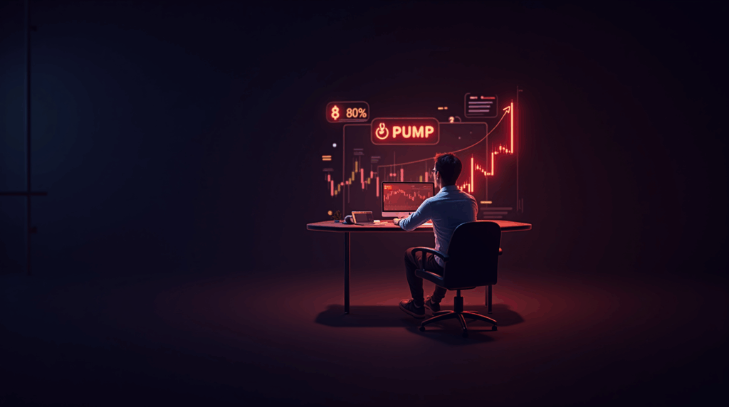 Photorealistic crypto trader at a futuristic desk with holographic 80% pump chart and red overheating warning glow.