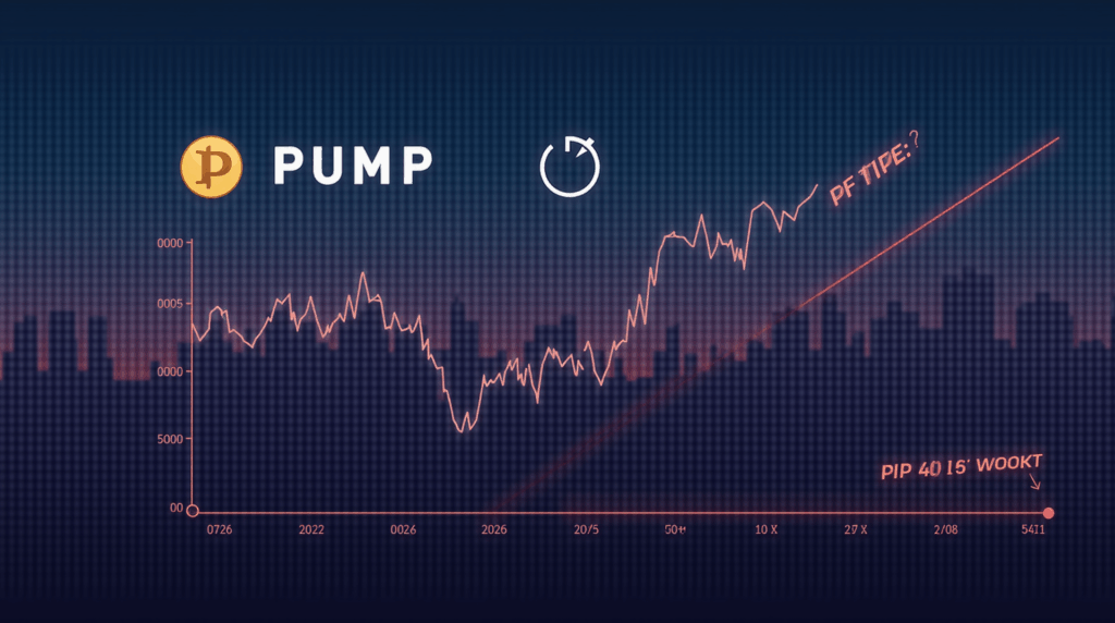 Crypto header: Solana skyline, PUMP icon falling next to a red line at 0,0058 and a descending chart.