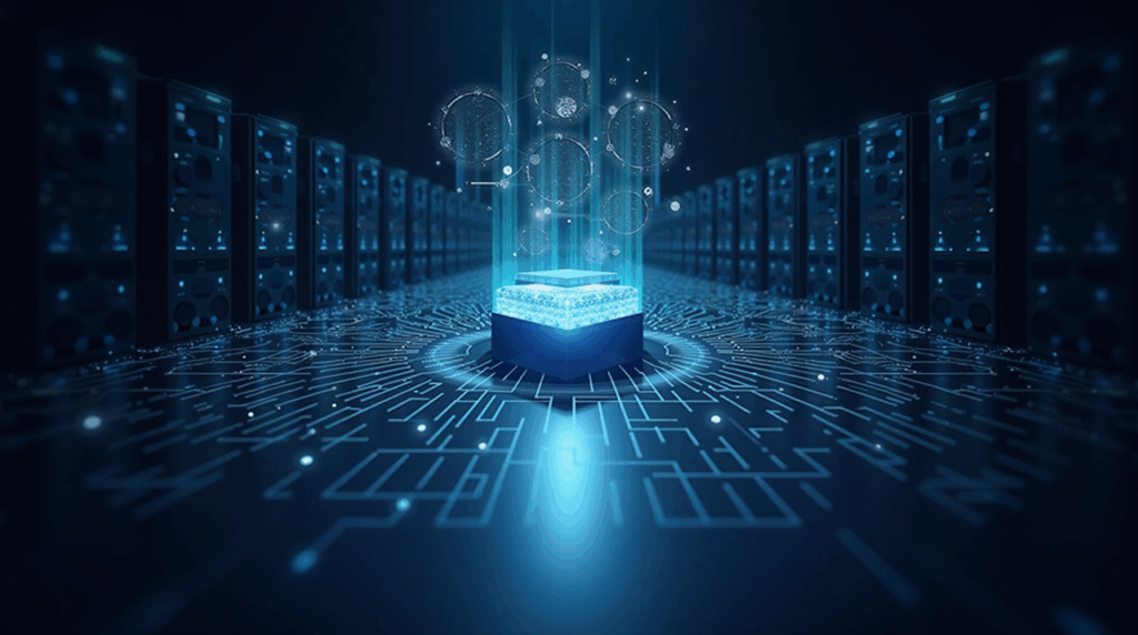 Riot Platforms data center with cooling towers, AI holograms and a subtle overlay of a decentralized network and Bitcoin motifs.