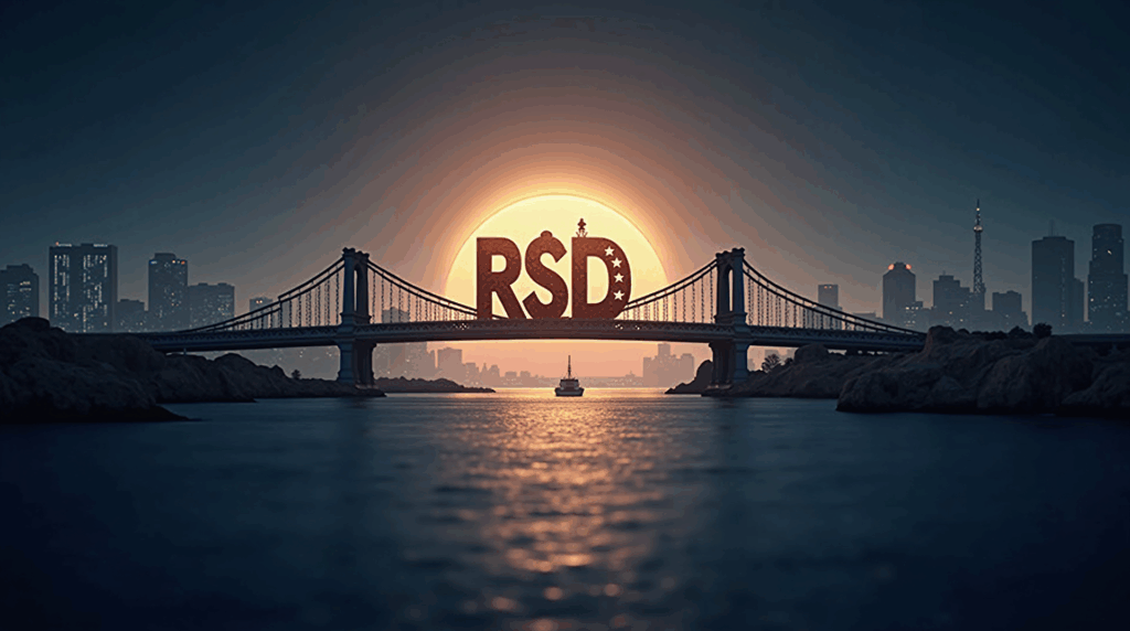 Bridge between the on‑chain RLUSD icon and a traditional financial skyline, with institutional silhouettes, newsroom palette