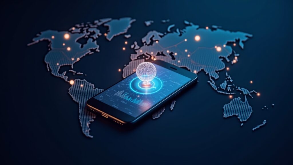 Fintech app icon in the center, lines to a world map highlighting Singapore and the United Kingdom, with an upward-trending chart.