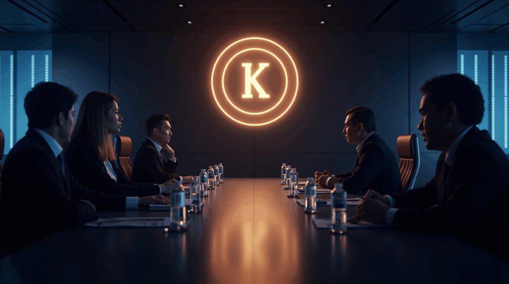 Futuristic scene in Seoul: regulators and crypto executives debating a KRW stablecoin in a boardroom.