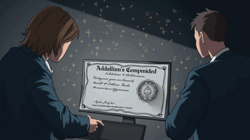 Business executive observes a stock certificate transforming into an Ethereum token, with subtle branding of Superstate and Open Bell.