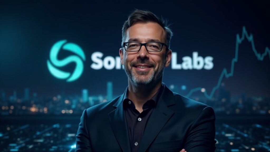 Photorealistic portrait of an executive in front of the Sonic Labs logo, with a blockchain network and rising charts.