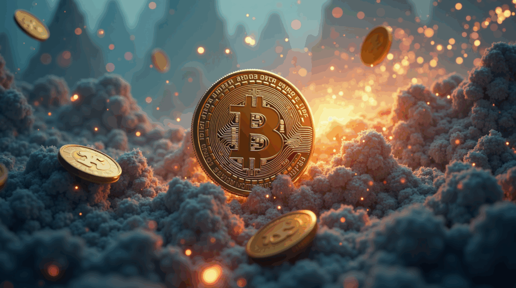 Close-up of stablecoin tokens colliding in a zero-sum market, with regulatory documents and a futuristic city.