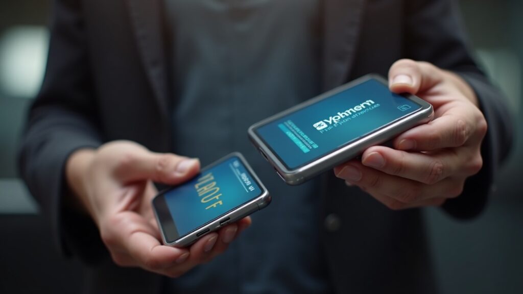 SwitchBlade non‑custodial wallet in hand, fiat→crypto flow to a merchant terminal with Crypto.com Pay branding.