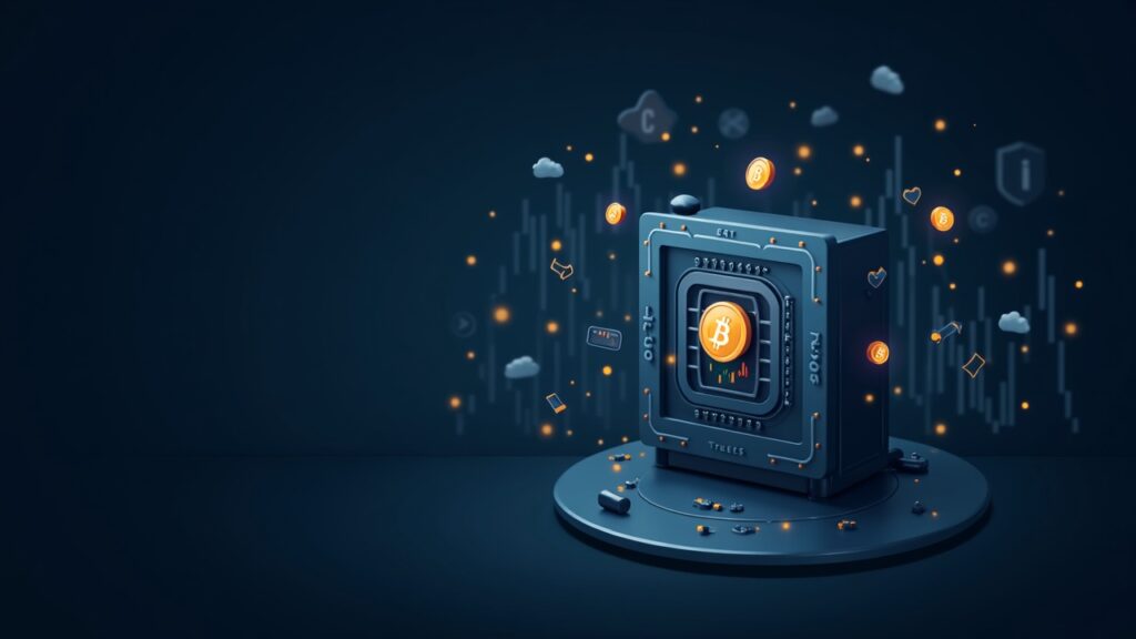 Secure digital vault with Bitcoin icons, floating USDT token and upward liquidity chart.