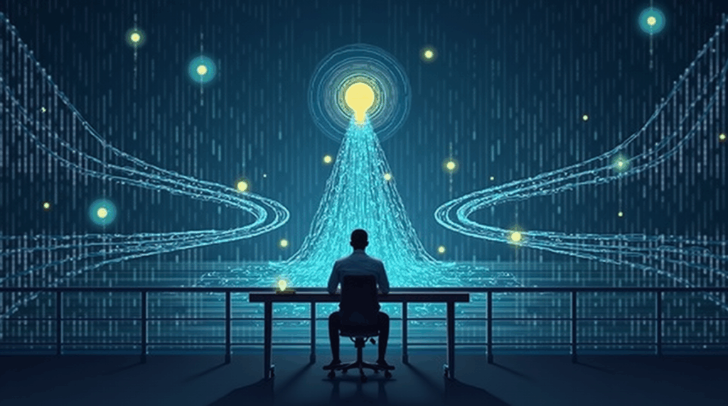 Blockchain engineer in front of glass, bright tokens flow between bridges, symbolizing TGE, innovation and regulation.