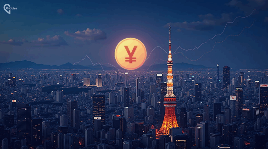 Nighttime Tokyo skyline with yen-stablecoin emblem and rising crypto charts, plus a transparent regulatory blueprint.