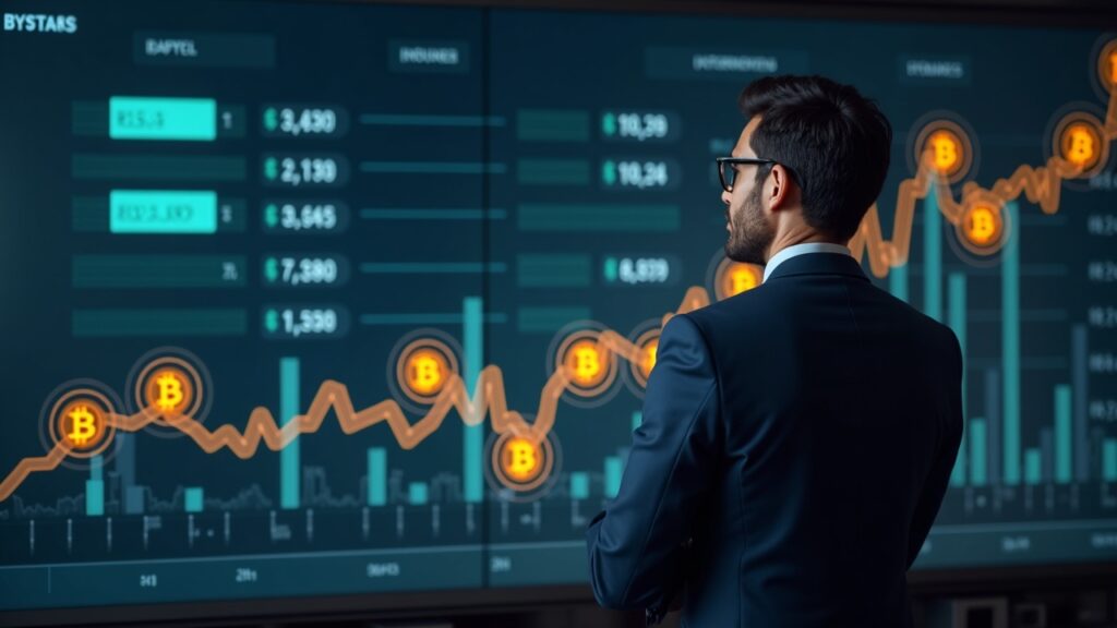 corporate executive in front of a digital bitcoin balance with rising numbers and BTC icons