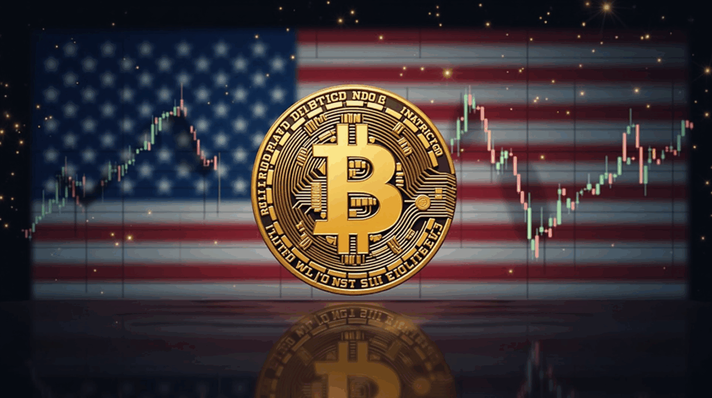 Bitcoin at the center, charts, torn flag and GDP on blockchain; tariff shocks and ETF withdrawals.