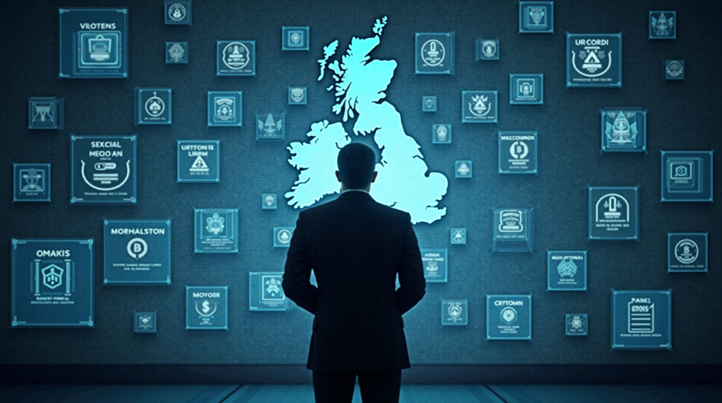 Crypto trader in front of a glass maze with British motifs, forms and glowing crypto blocking the path
