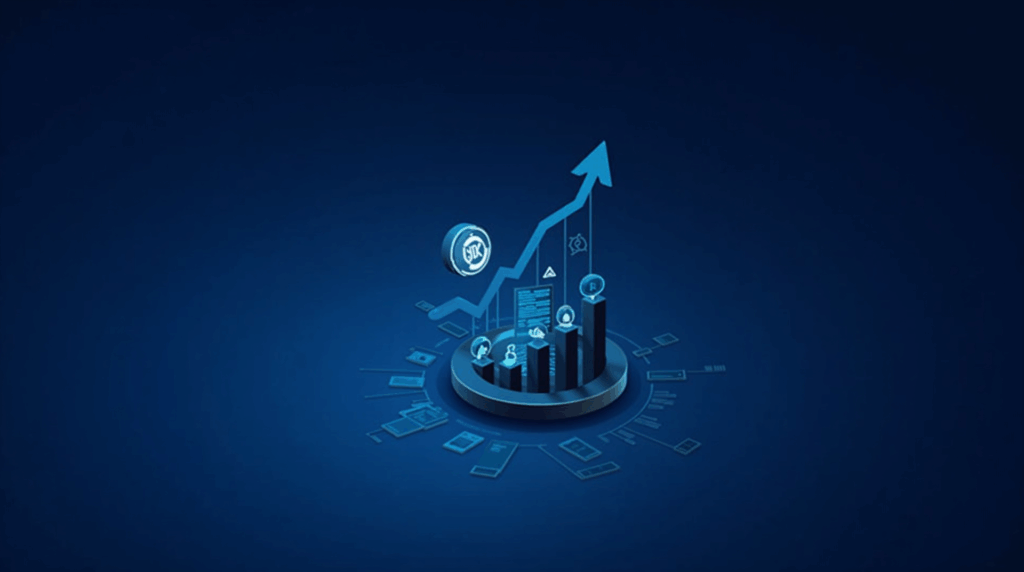 Photorealistic crypto header with the luminous USDC coin, rising share bars and regulatory motifs in blue.