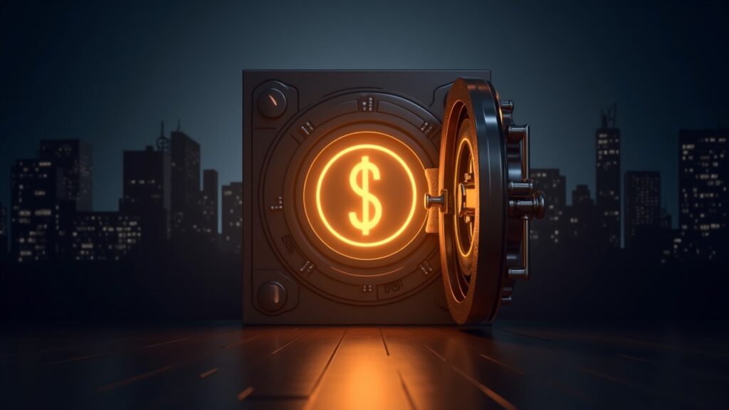 Photorealistic vault opens to reveal an illuminated USDC logo; silhouettes of USDT and a regulatory skyline behind.