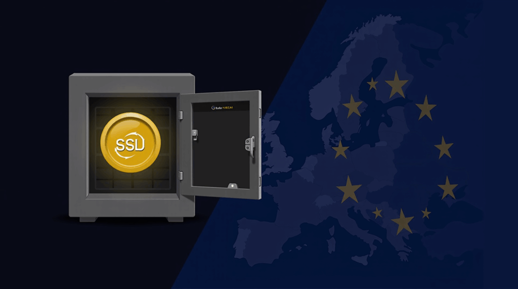 Photorealistic header: vault, shiny USDCV coin, SG‑FORGE and Bullish Europe logos, map of the EU, MiCA institutional adoption.