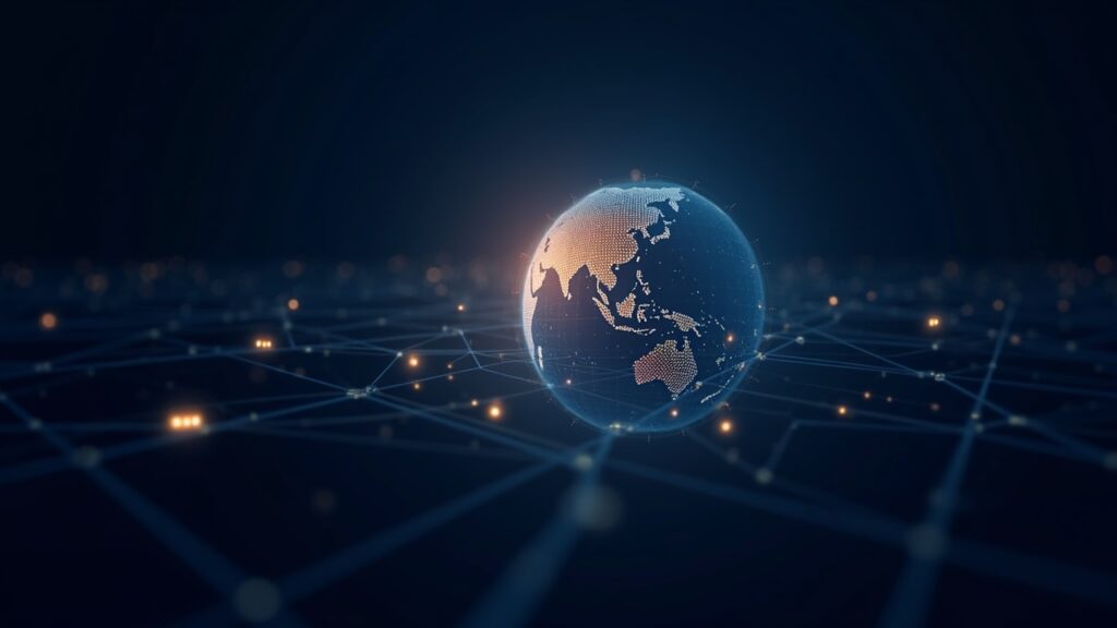 Photorealistic header: Visa logo, glowing globe and digital wallet with USDC and EURC for cross-border payments.
