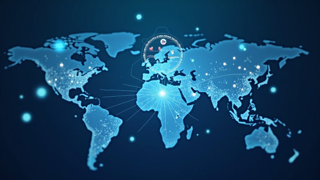 Central corporate figure surrounded by flows of digital tokens, XMN and Sui logos, PCI DSS badge and a world map.