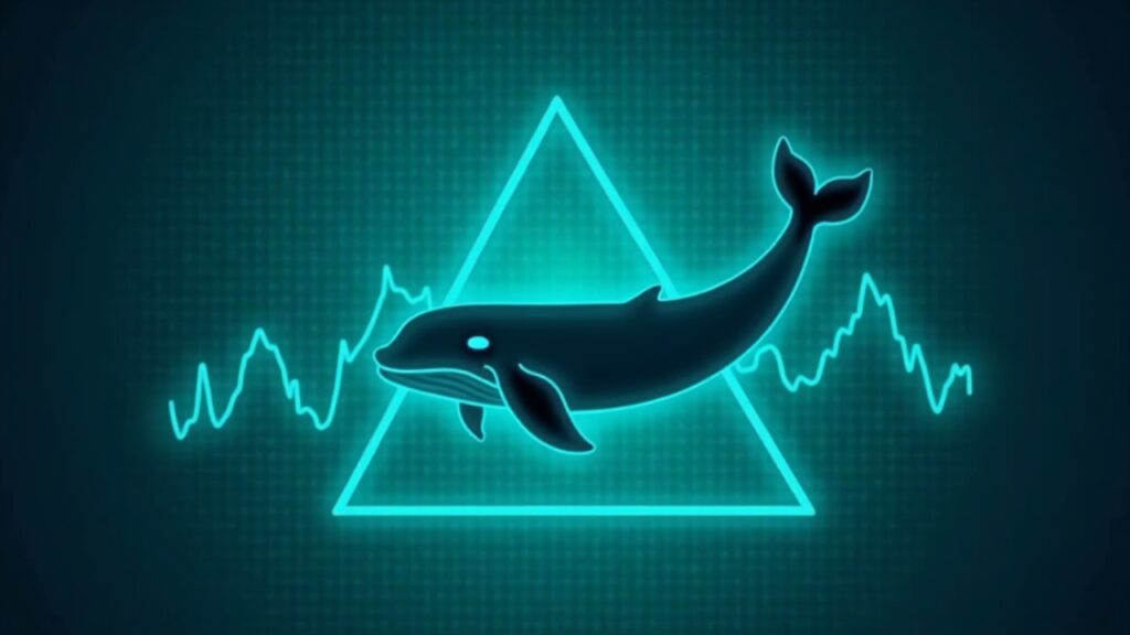 Silhouette of an XRP whale in the center, bullish triangle and ascending chart toward 4,20. Blue-neon palette.