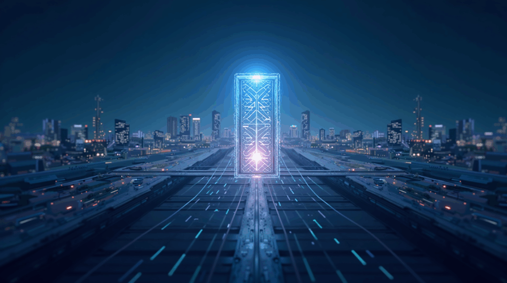 Photorealistic header with a holographic XRPL DeFi roadmap over a city, with EVM bridges and tokenized assets.