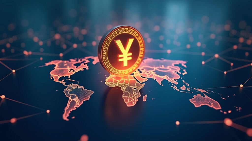 Digital yuan coin shining over a world map, Shanghai skyline and blockchain traces suggesting international payments and regulation.