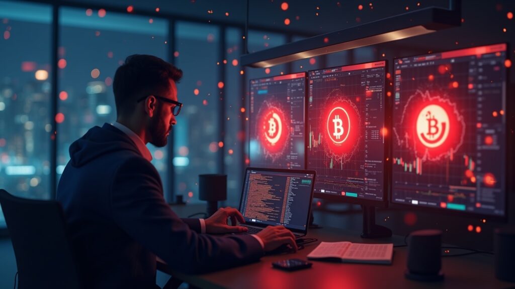 News scene with a trader, three red altcoin icons and a data pipeline with failures illustrating the risk.