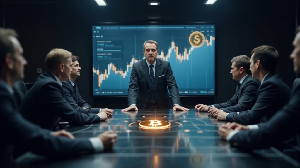European executive in a boardroom, Bitcoin hologram, MiCA dossier and ascending BTC chart.