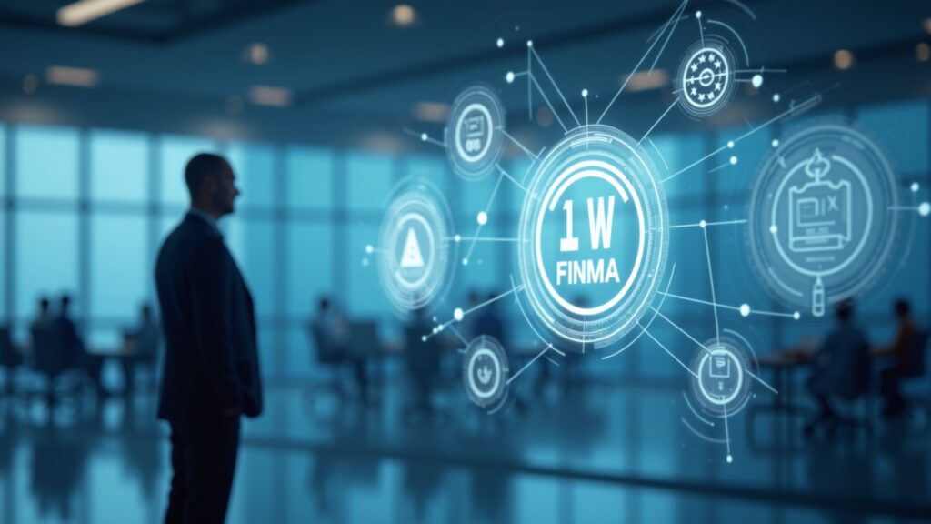 Corporate executive in a modern office with POL icons and FINMA seal, institutional staking and compliance on Polygon