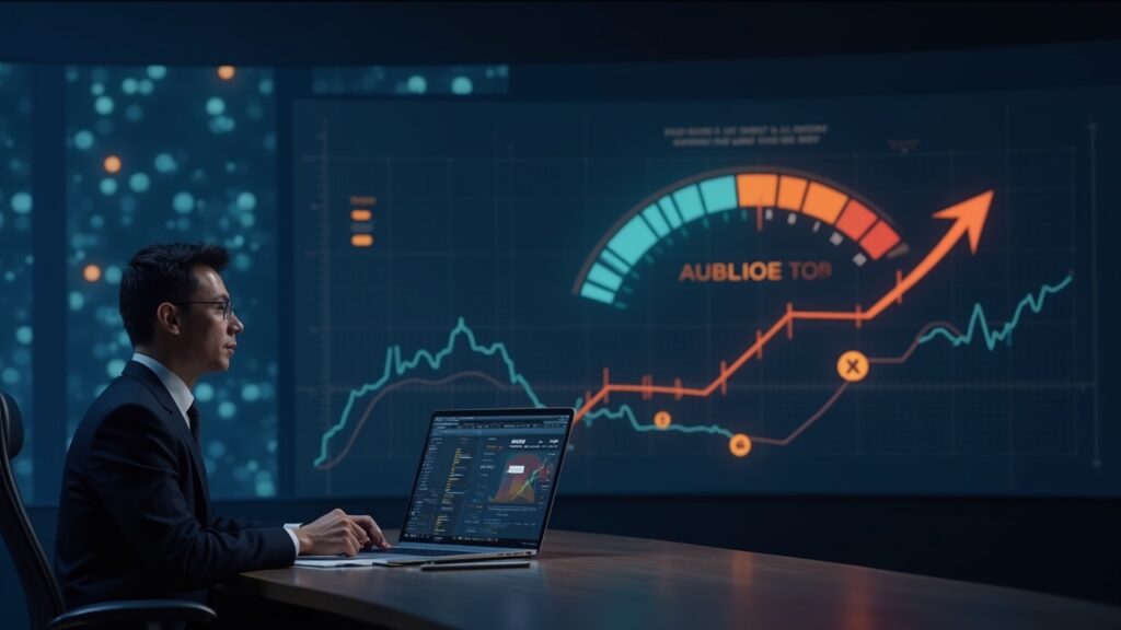 Bitcoin fear index hits annual low as Bitwise urges stepwise accumulation Analyst in a newsroom in front of a Bitcoin fear and greed chart, accumulation arrows and blockchain nodes.