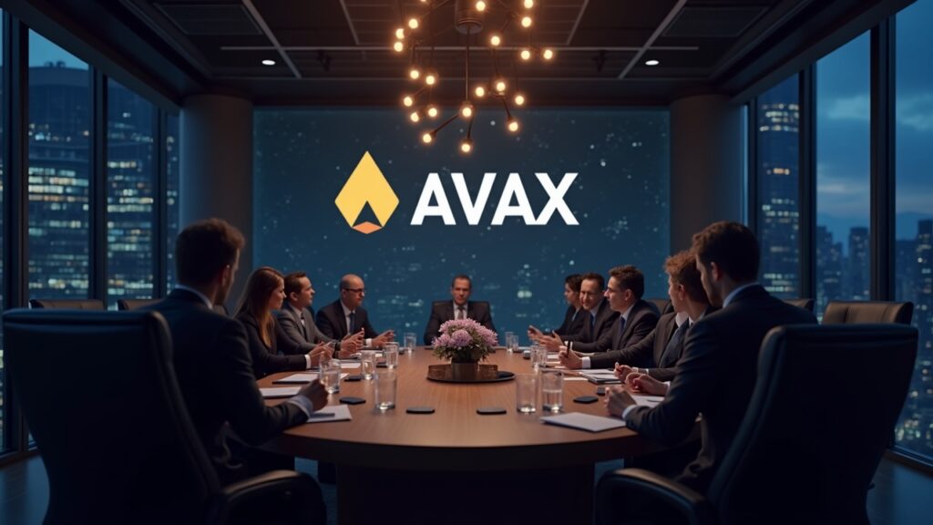 boardroom scene: AVAX and Avalanche Foundation logos next to a SPAC document, Nasdaq glow and regulated institutional access