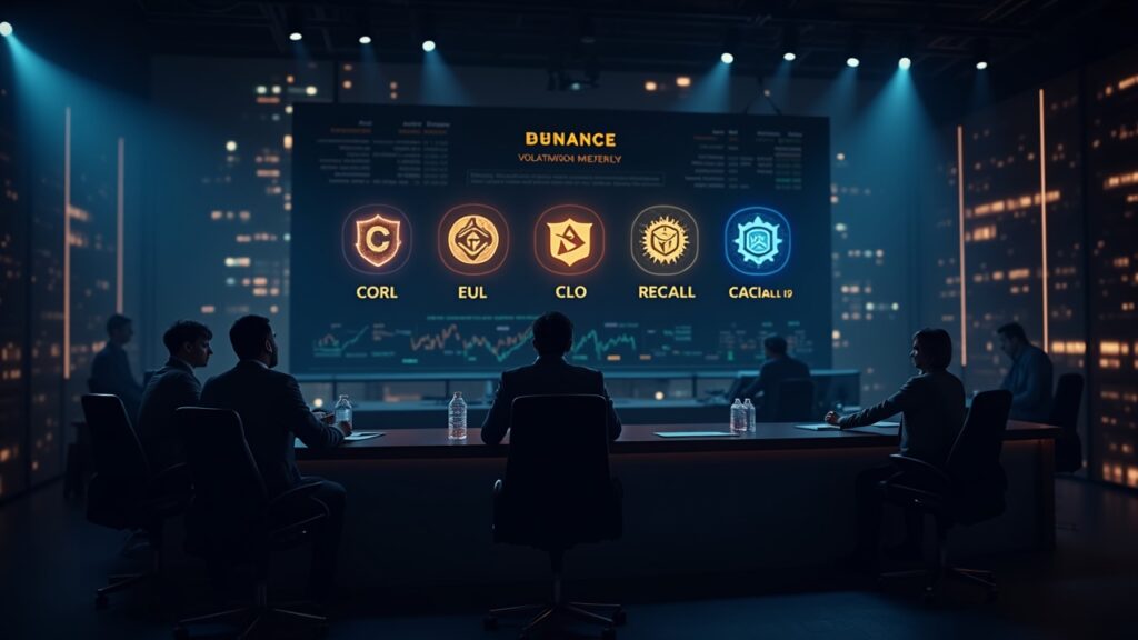 Newsroom scene with trader in front of a Binance Alpha screen showing CORL, EUL, LAB, CLO and RECALL