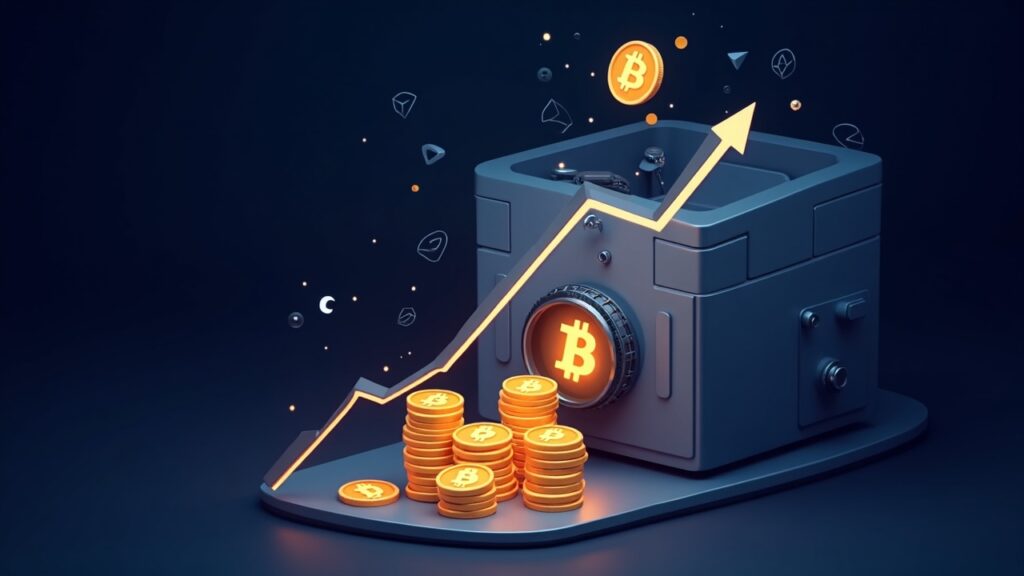 Bitcoin flows from a stylized exchange into a cold vault; coins rise toward 130k, with motifs of decentralization.