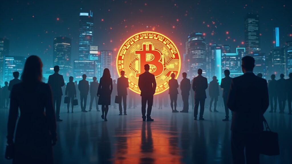 Photorealistic header: Bitcoin centered, 112K ticker and institutional silhouettes fading in a cool palette.