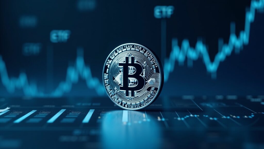 Bitcoin coin in the foreground, ascending chart, ETF logos and regulatory documents in the background, blue lighting.