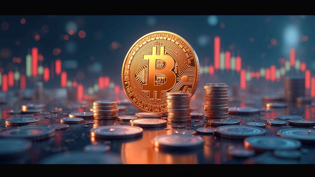 Bitcoin at 1M USD with Japanese stimulus, urban skyline and market charts, newsroom style
