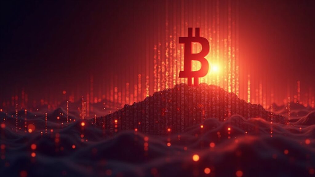 Bitcoin rises over red charts and ETF logos, heading toward a bright horizon with 200k in a financial newsroom.